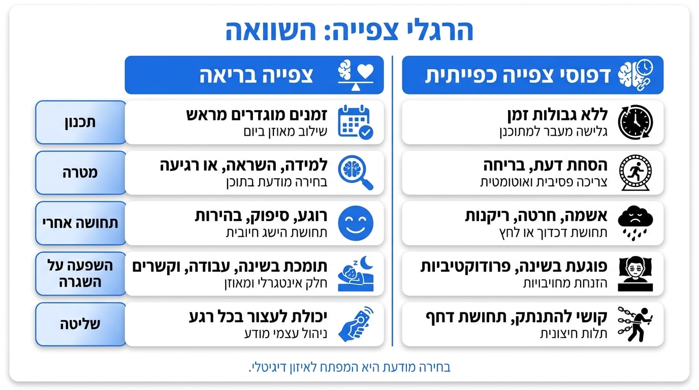 השוואה בין צפייה בריאה ומתוכננת לבין צפייה כפייתית בסדרות