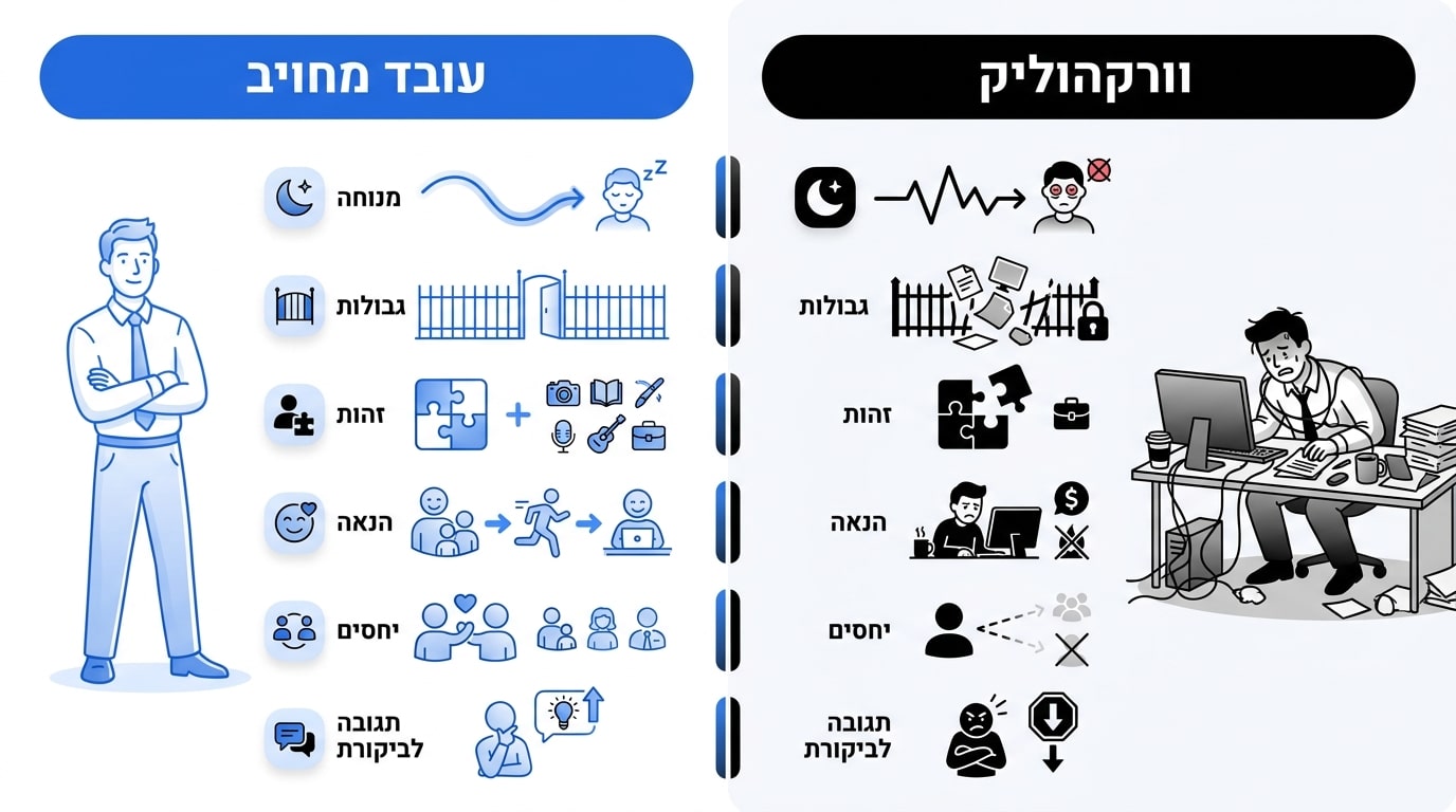השוואה מקצועית בין עובד מחויב לוורקהוליק - סימני התמכרות לעבודה