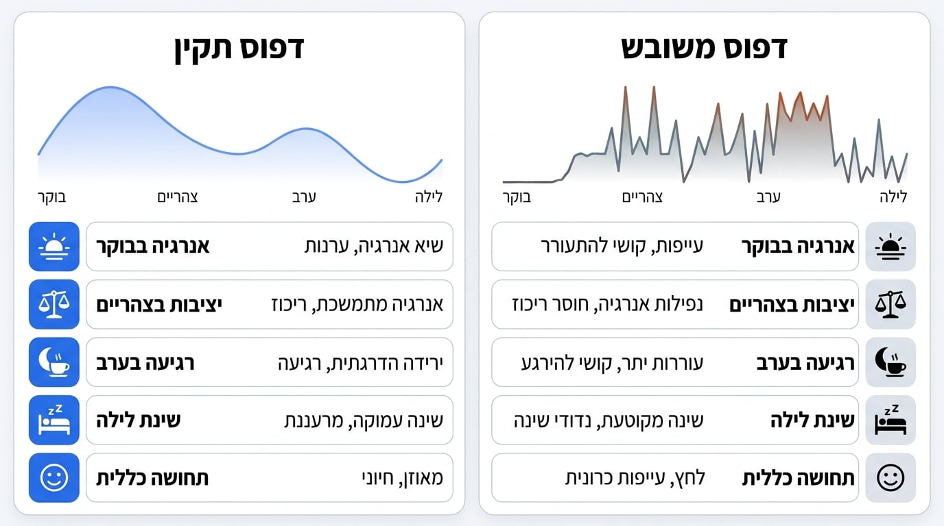 השוואה ויזואלית בין דפוס קורטיזול תקין לבין דפוס קורטיזול משובש