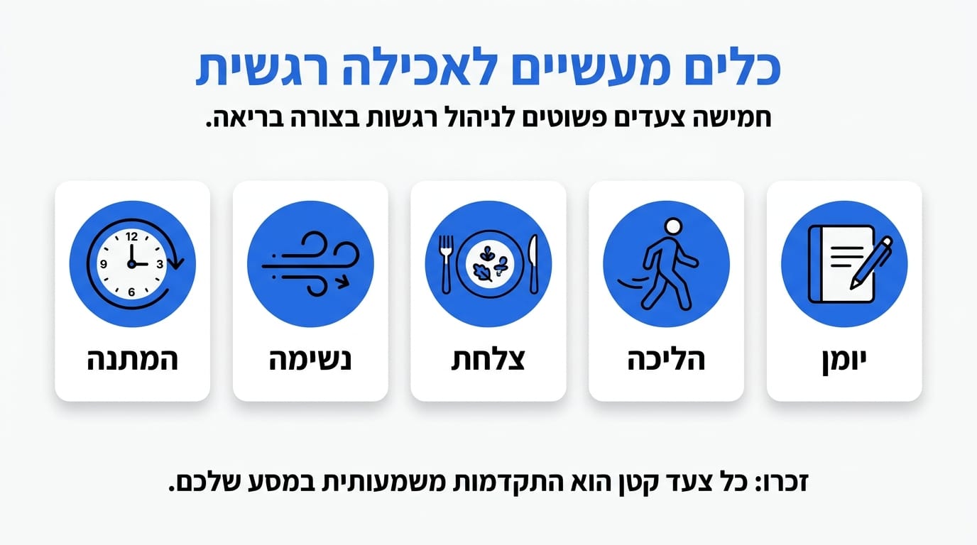 שולחן עם יומן פתוח, כוס תה וצמח ירוק – המחשה לכלים מעשיים לוויסות רגשי ואכילה מודעת