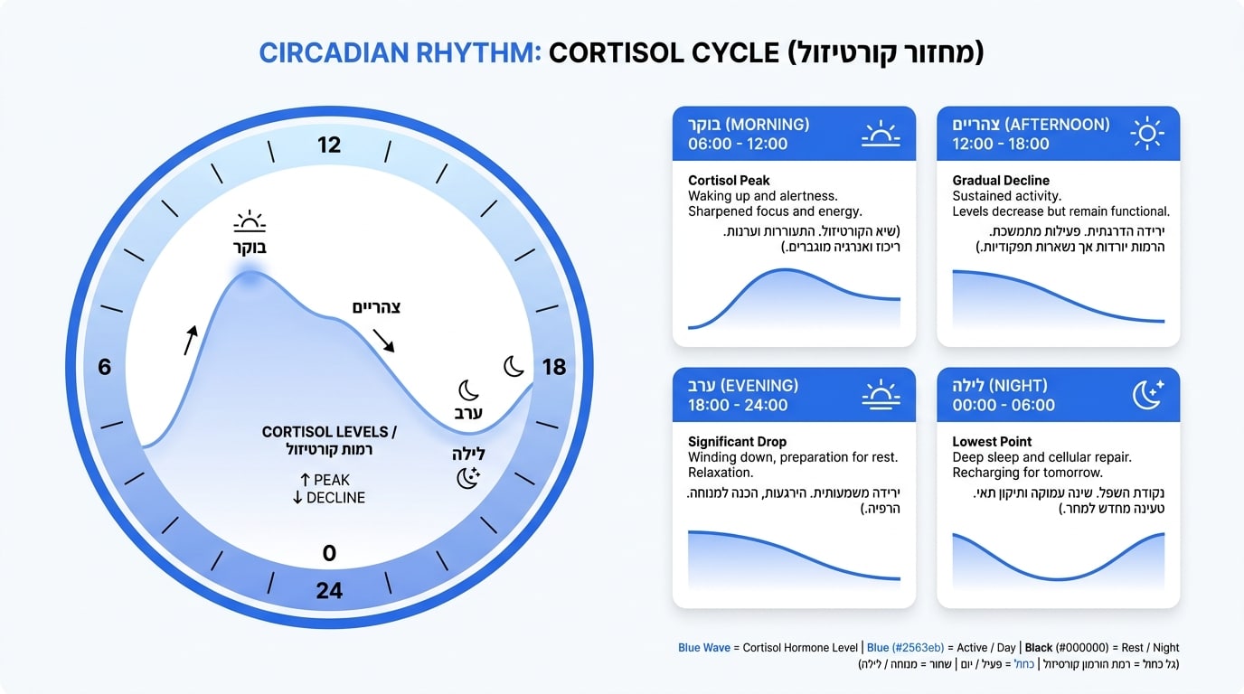 גרף המציג את הקצב היומי התקין של קורטיזול לאורך שעות היממה